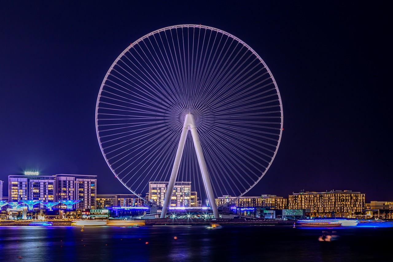 ferris wheel, landscape, dubai, u a e, night, lights, architecture, lighting, skyline, large, cityscape, round, water, sea, perspective, nature, night photograph, dubai, dubai, dubai, dubai, dubai